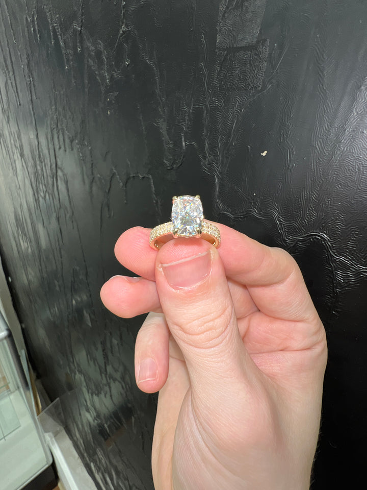Elongated Cushion Cut Engagement Ring With Double Band and Sidestones