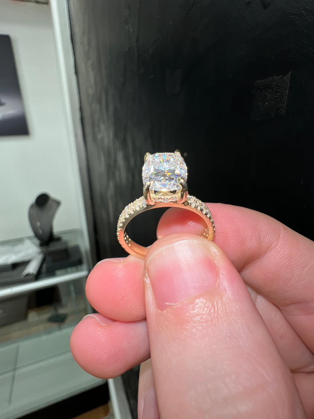 Elongated Cushion Cut Engagement Ring With Double Band and Sidestones