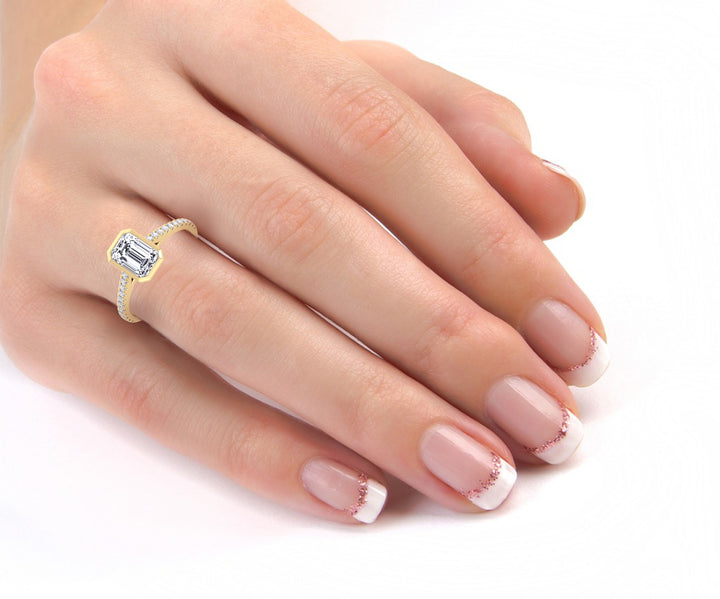 Emerald Shape Bezel Set Engagement Ring with Cathedral Style Pave Band