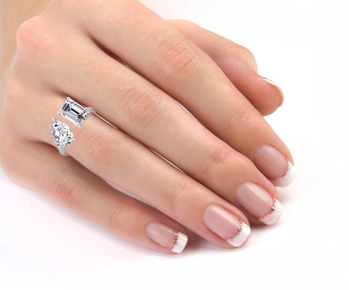 Toi Et Moi Pear &amp; Emerald Shape Hidden Halo Engagement Ring with Side Stones