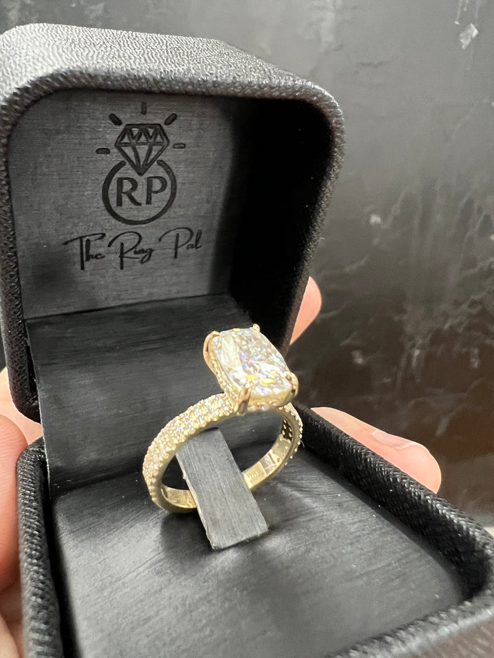 Elongated Cushion Cut Engagement Ring With Double Band and Sidestones