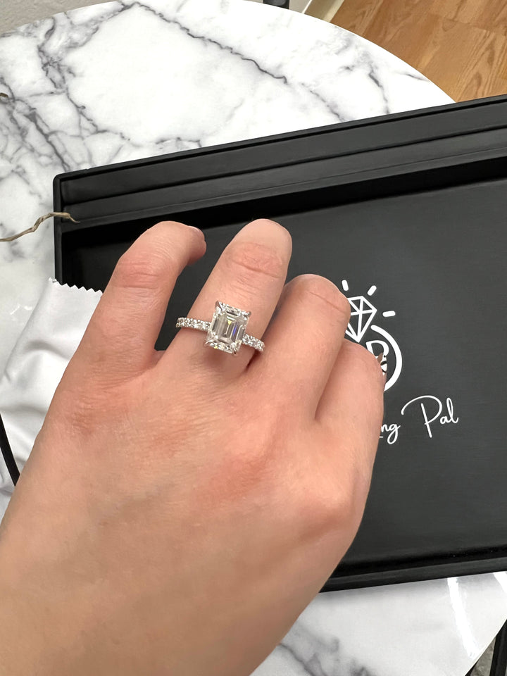 Emerald Cut Hidden Halo &amp; Round Side Stones Engagement Ring