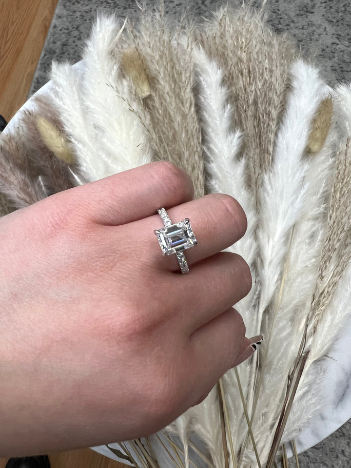 Emerald Cut Hidden Halo &amp; Round Side Stones Engagement Ring