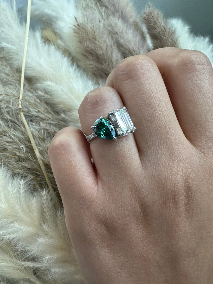 Toi Et Moi Emerald &amp; Green Pear Shape Engagement Ring With Pave Band