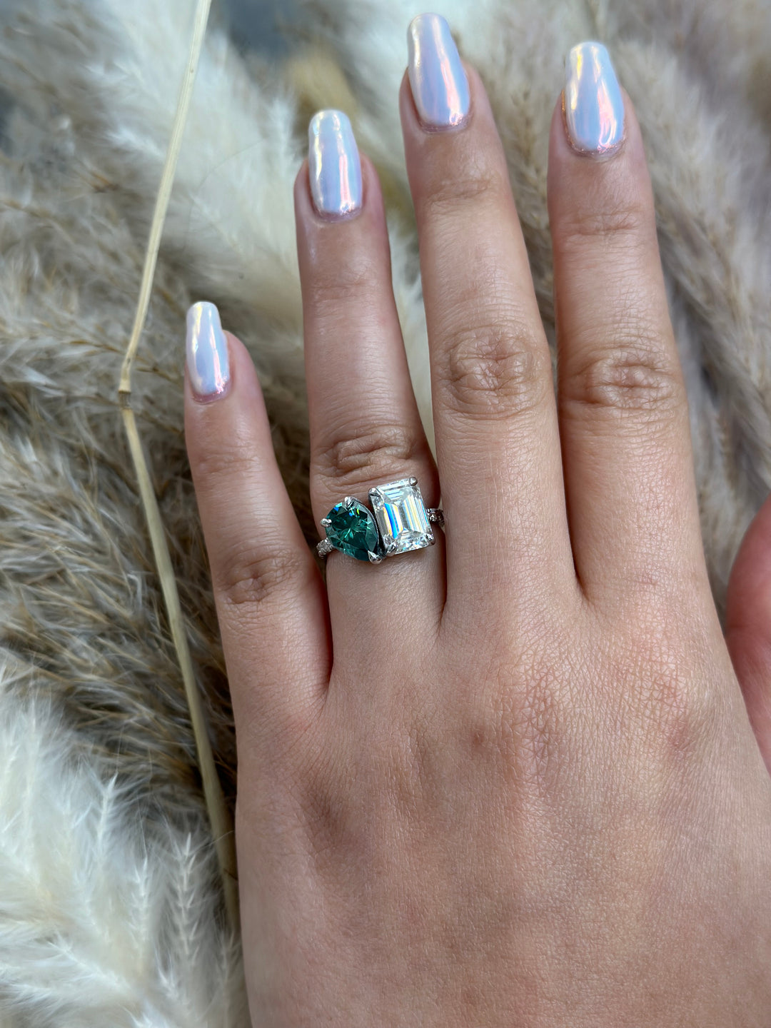 Toi Et Moi Emerald &amp; Green Pear Shape Engagement Ring With Pave Band