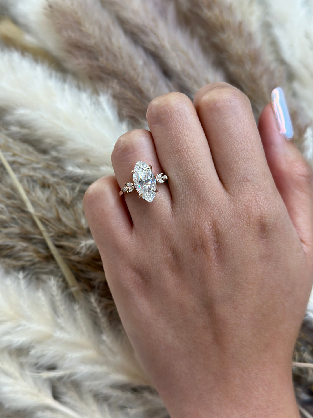 Marquise Cut Engagement Ring with Triple Marquise Sidestones