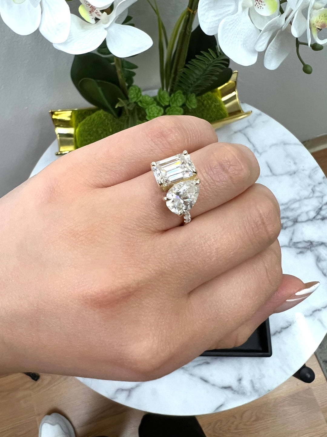 Toi Et Moi Emerald &amp; Pear Shape Engagement Ring with Pave Band