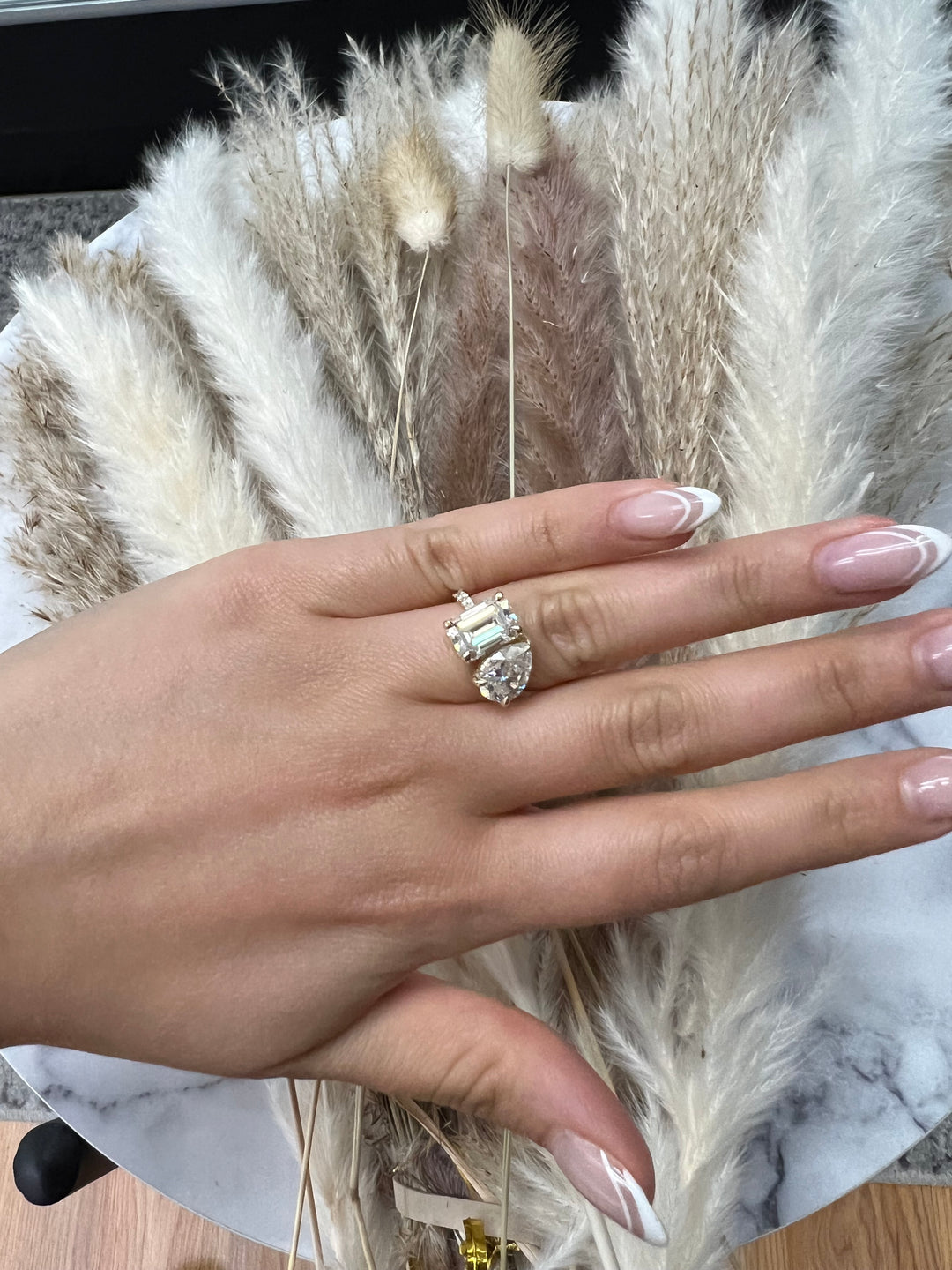 Toi Et Moi Emerald &amp; Pear Shape Engagement Ring with Pave Band