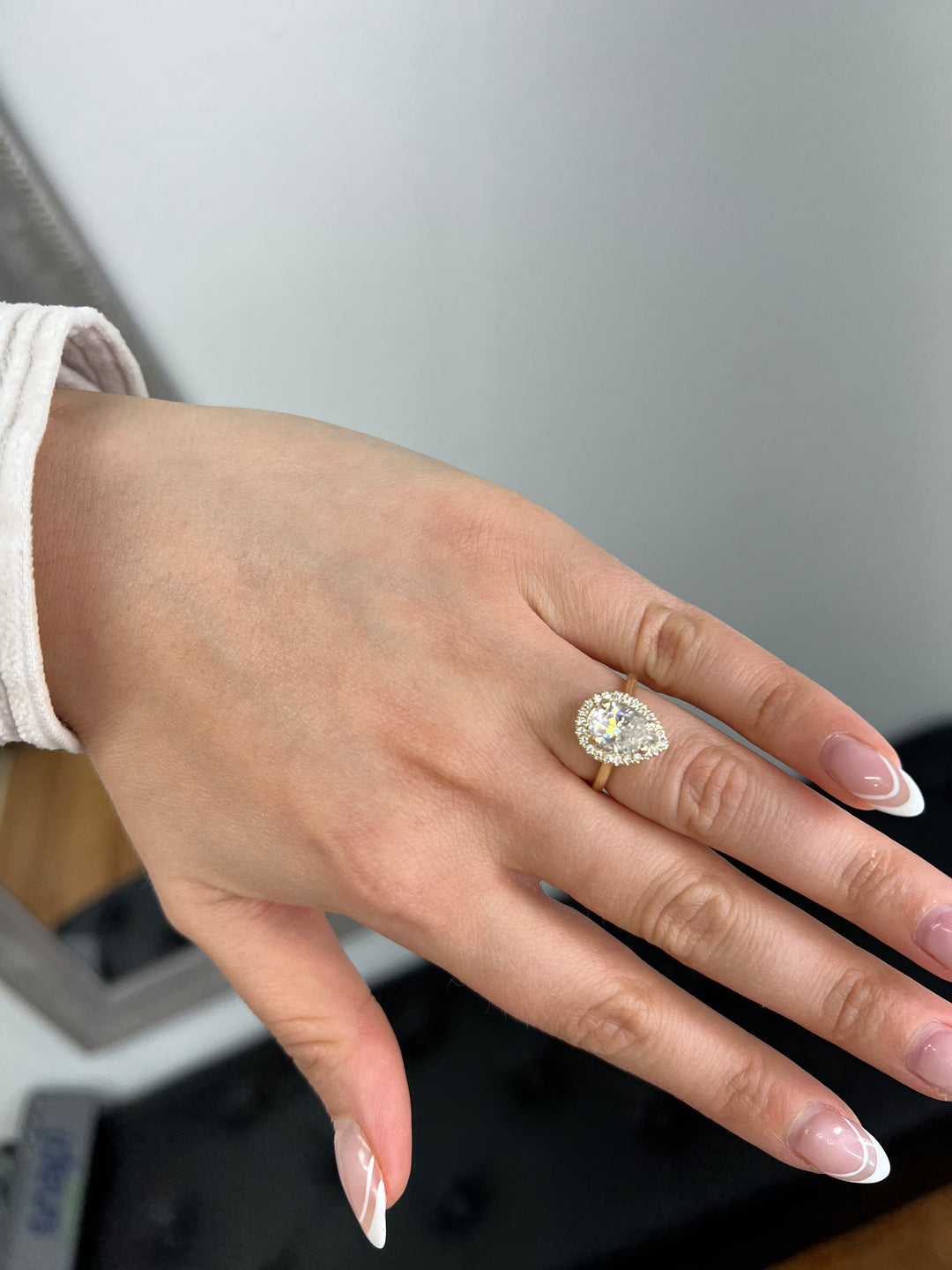 Pear Shape Engagement Ring with Halo Center and Plain Band
