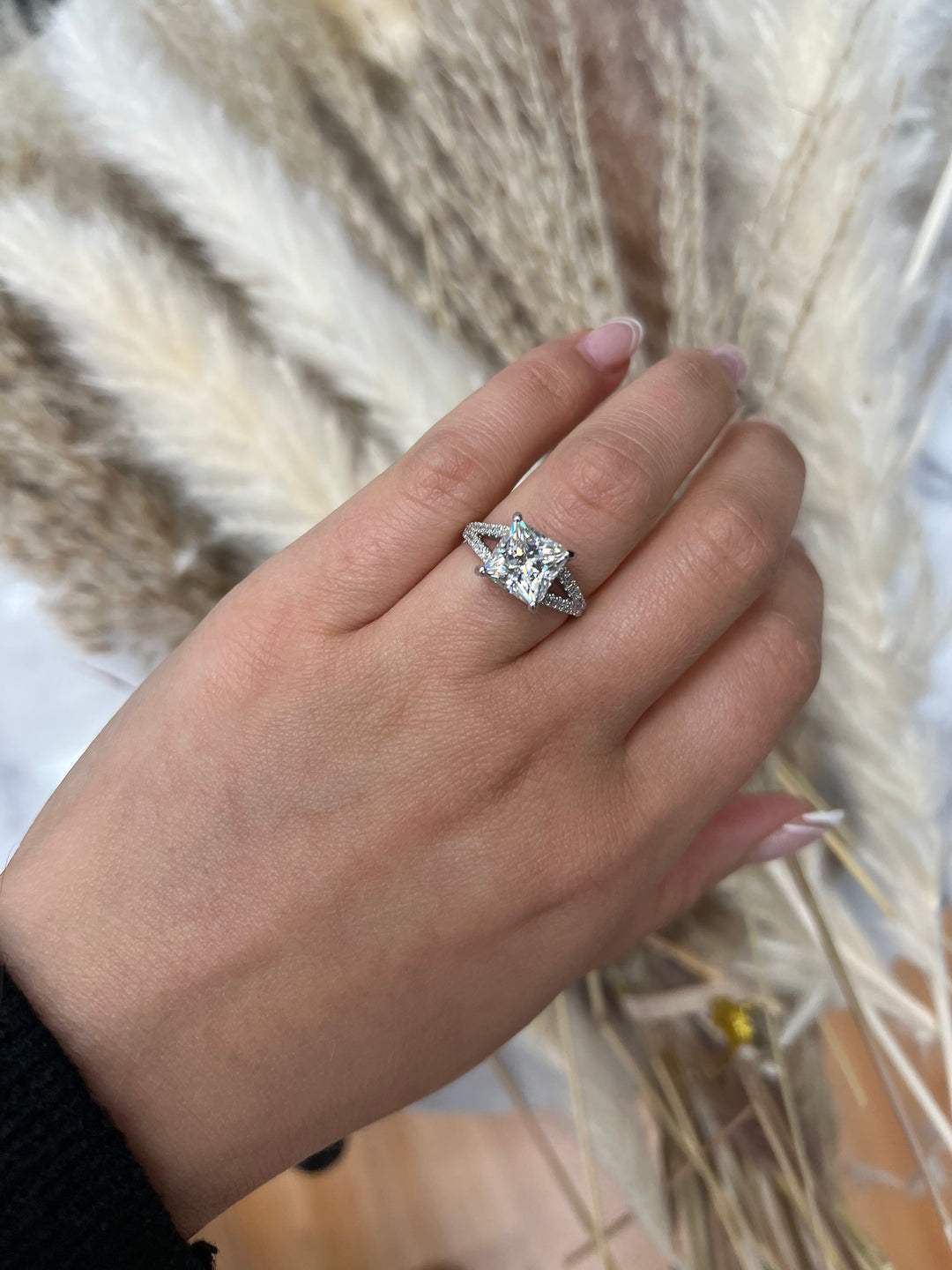 Princess Cut Engagement Ring With Double Band &amp;  Sidestones