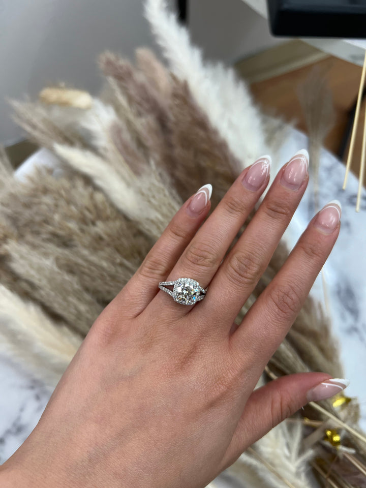 Cushion Cut Halo Engagement Ring with Split Pave Band