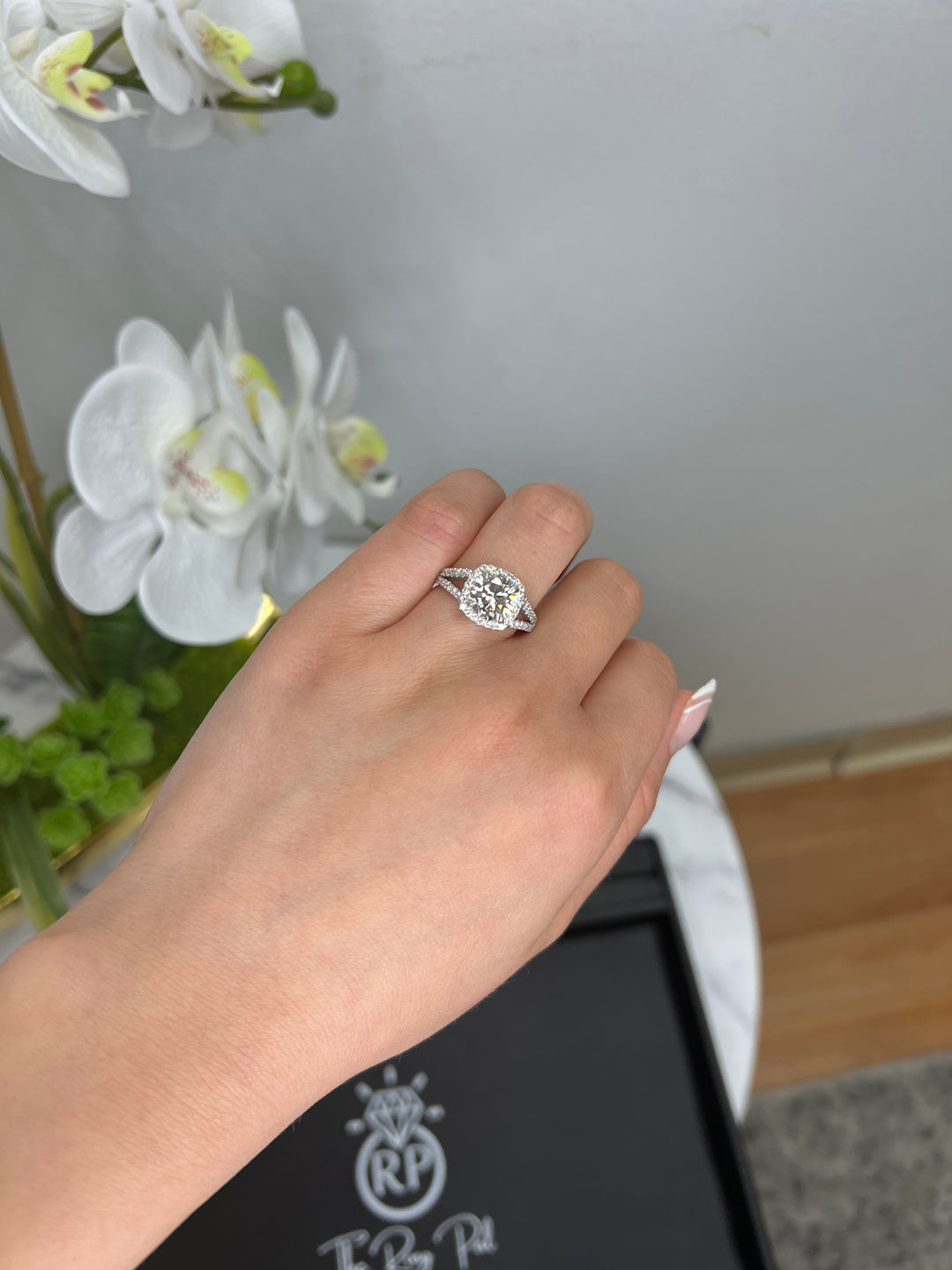 Cushion Cut Halo Engagement Ring with Split Pave Band