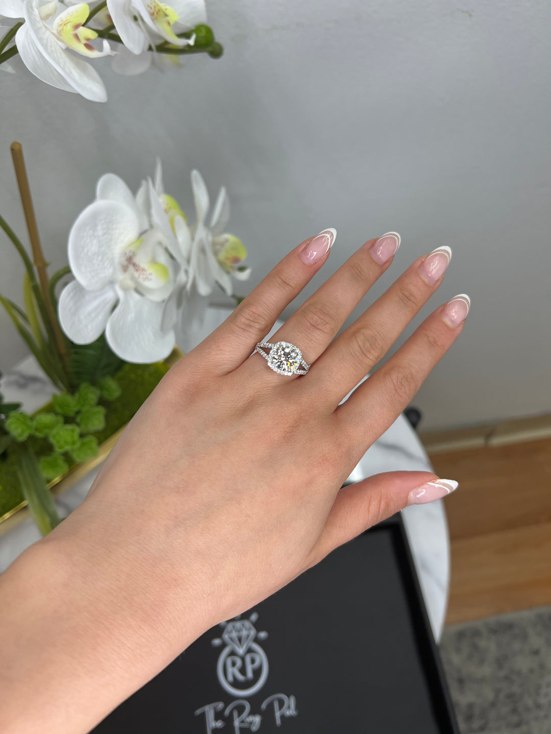Cushion Cut Halo Engagement Ring with Split Pave Band