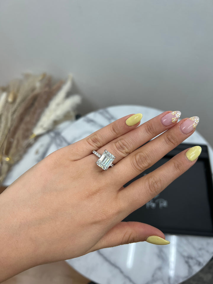 Emerald Cut Hidden Halo &amp; Round Side Stones Engagement Ring