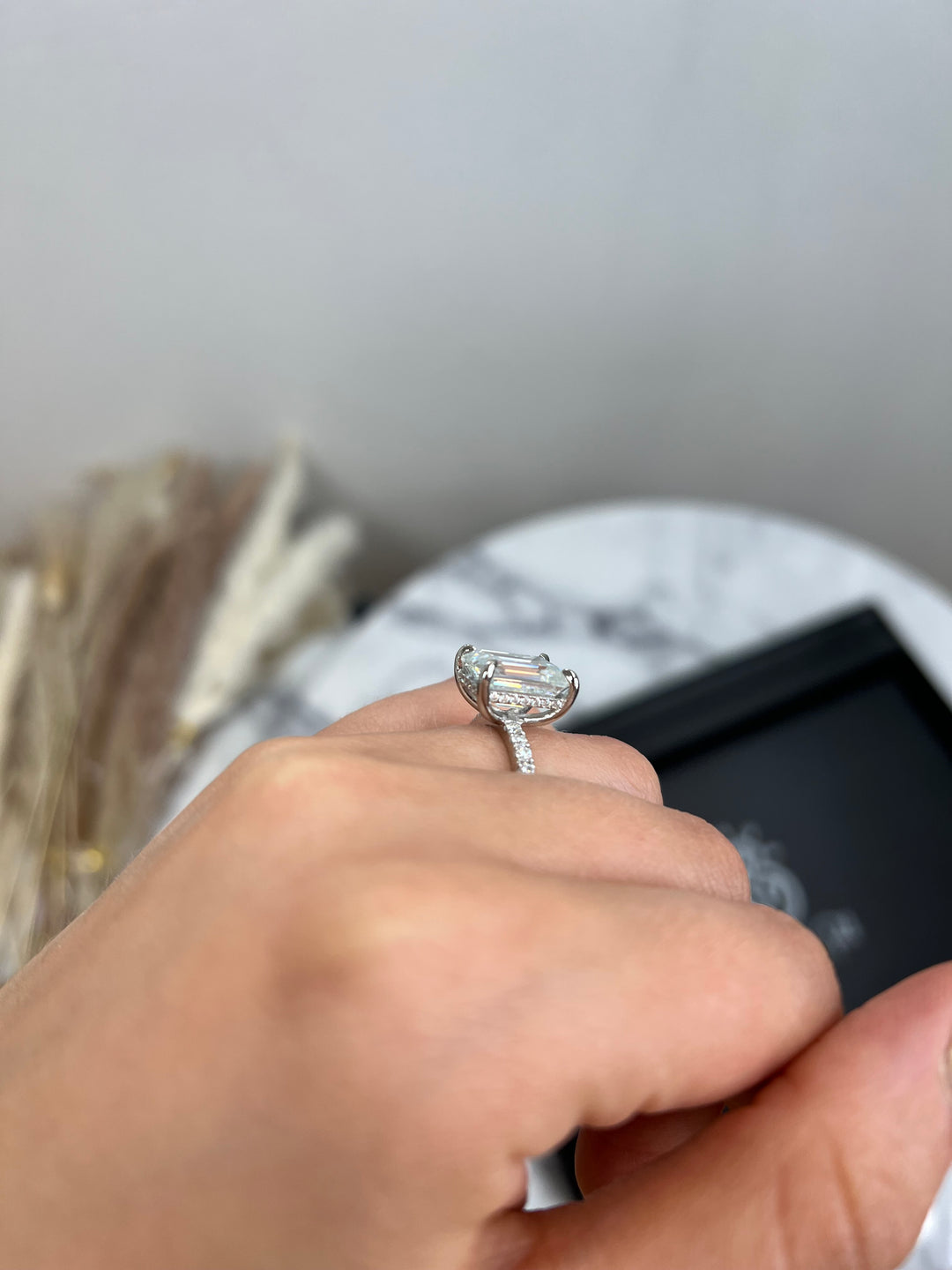 Emerald Cut Hidden Halo &amp; Round Side Stones Engagement Ring