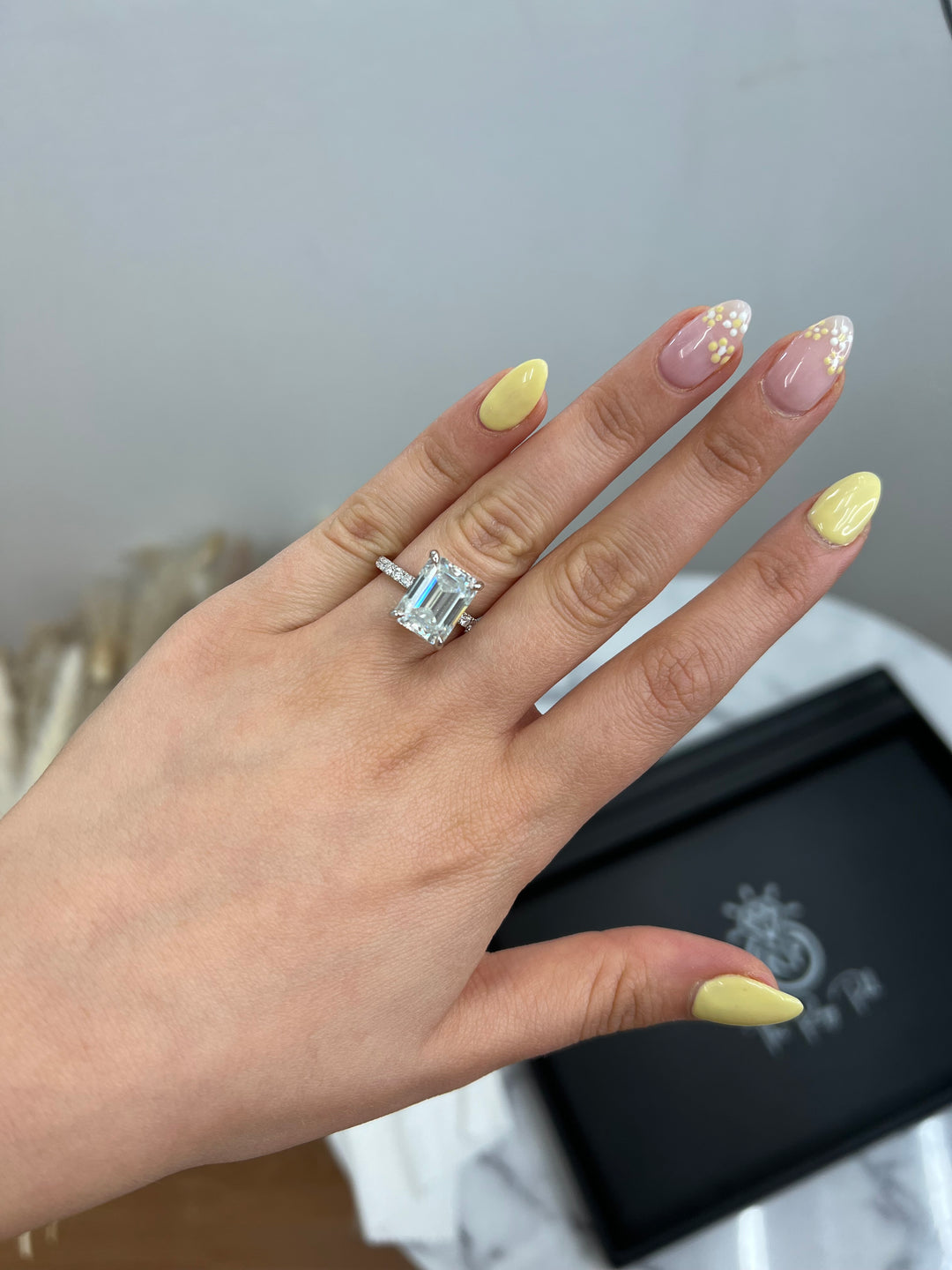 Emerald Cut Hidden Halo &amp; Round Side Stones Engagement Ring