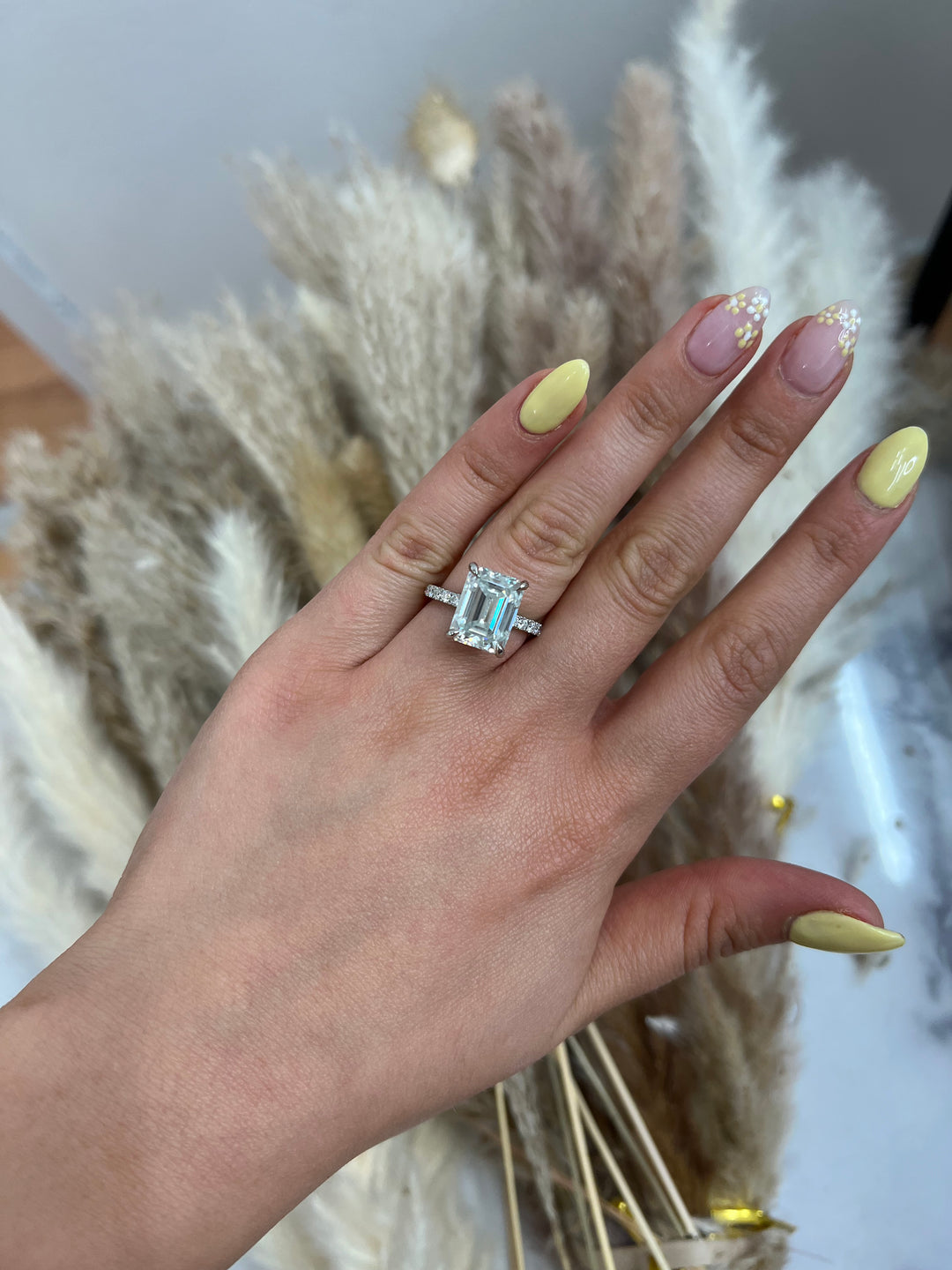 Emerald Cut Hidden Halo &amp; Round Side Stones Engagement Ring