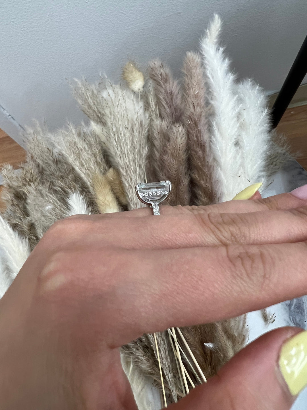 Emerald Cut Hidden Halo &amp; Round Side Stones Engagement Ring