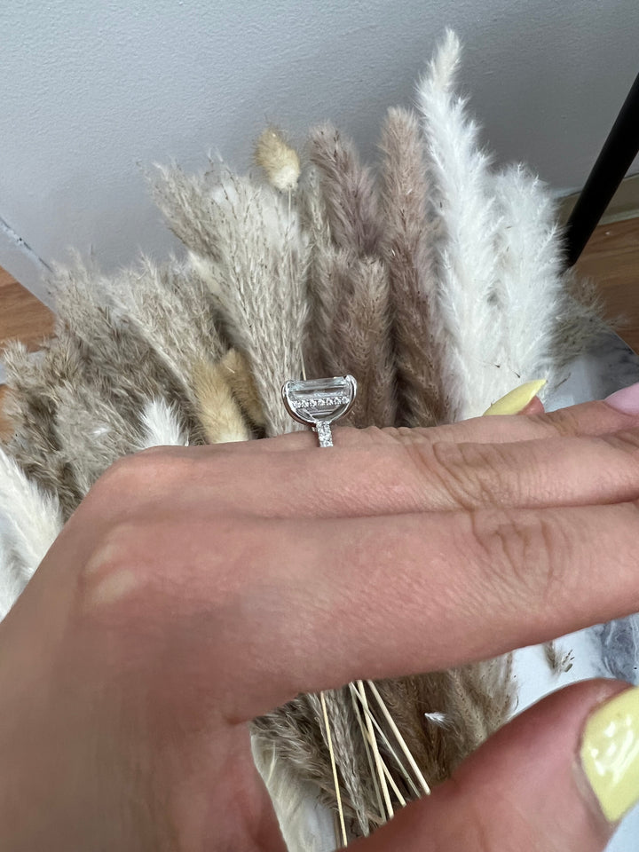 Emerald Cut Hidden Halo &amp; Round Side Stones Engagement Ring