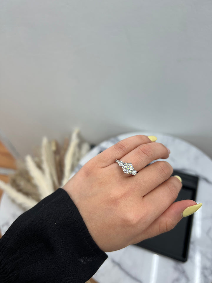 Three Stone Round Cut Fancy Crown Style Engagement Ring