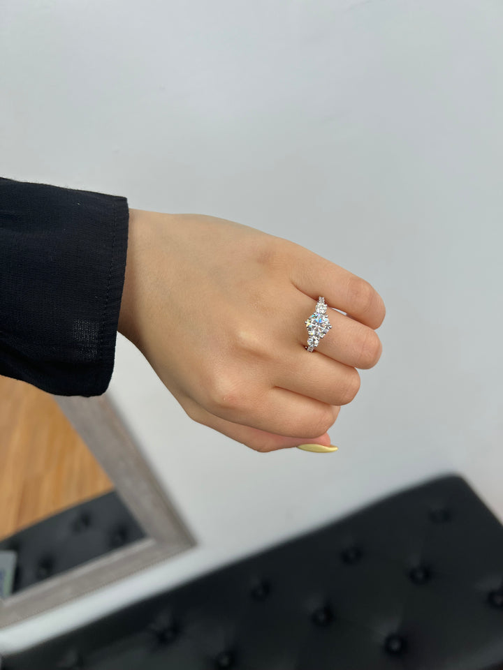 Three Stone Round Cut Fancy Crown Style Engagement Ring