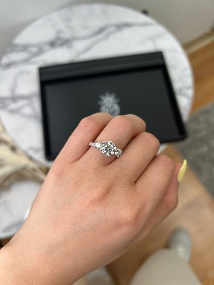 Three Stone Round Cut Fancy Crown Style Engagement Ring