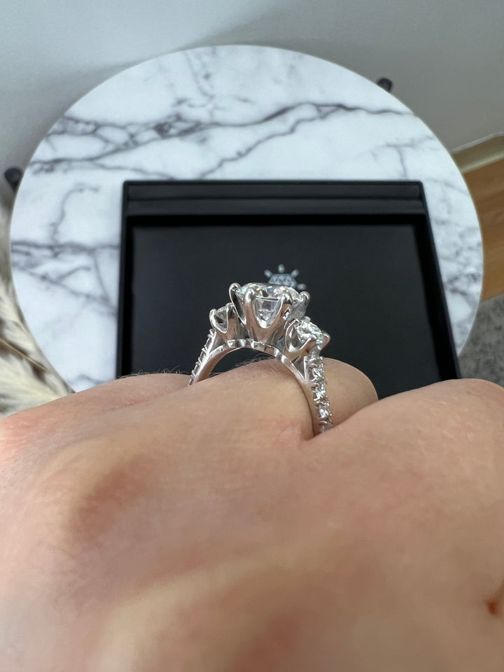 Three Stone Round Cut Fancy Crown Style Engagement Ring