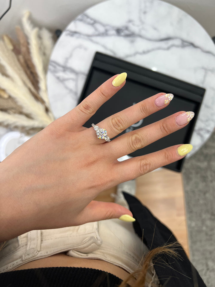 Three Stone Round Cut Fancy Crown Style Engagement Ring