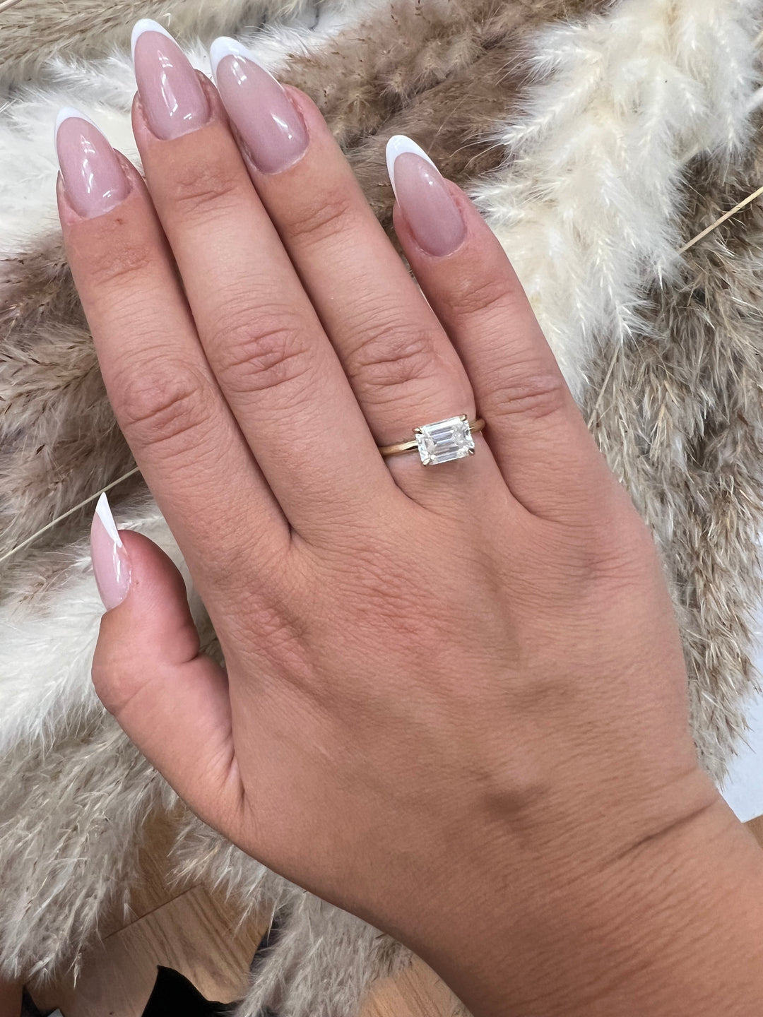 East To West Emerald Cut Solitaire Engagement Ring with Thin Band