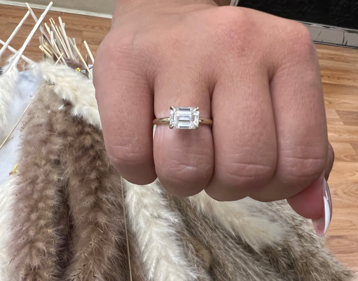 East To West Emerald Cut Solitaire Engagement Ring with Thin Band