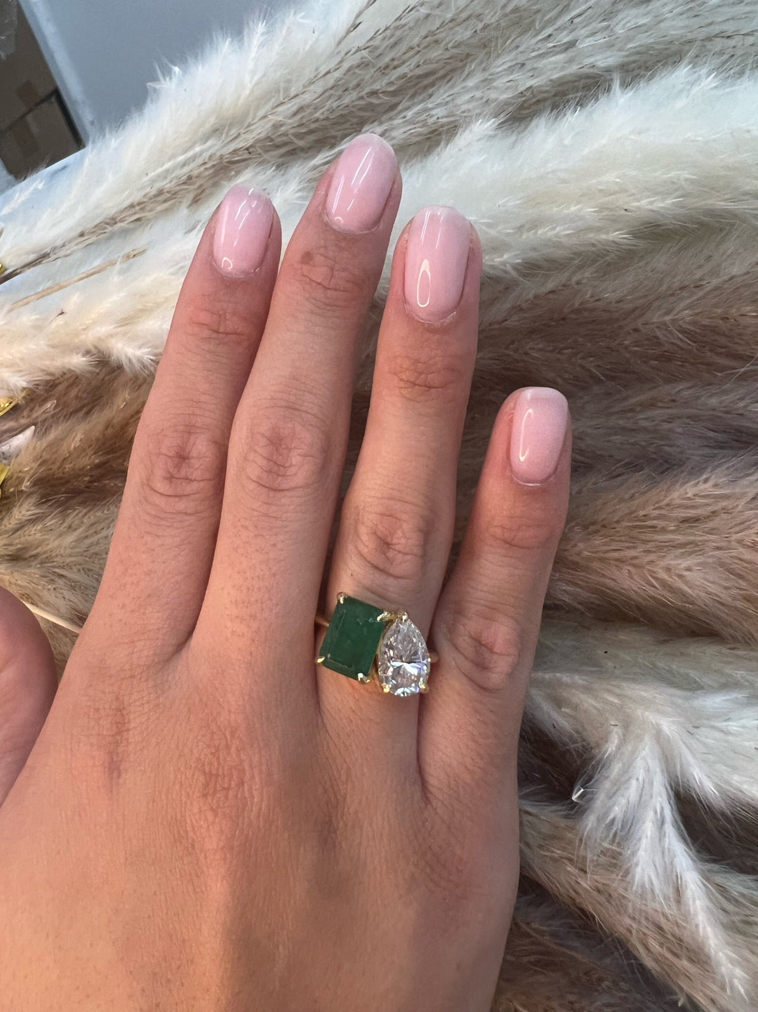 Toi et Moi Green Emerald &amp; Pear Shape Engagement Ring