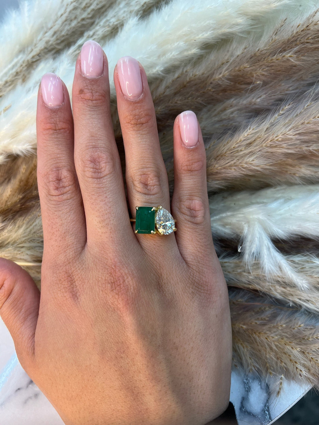 Toi et Moi Green Emerald &amp; Pear Shape Engagement Ring