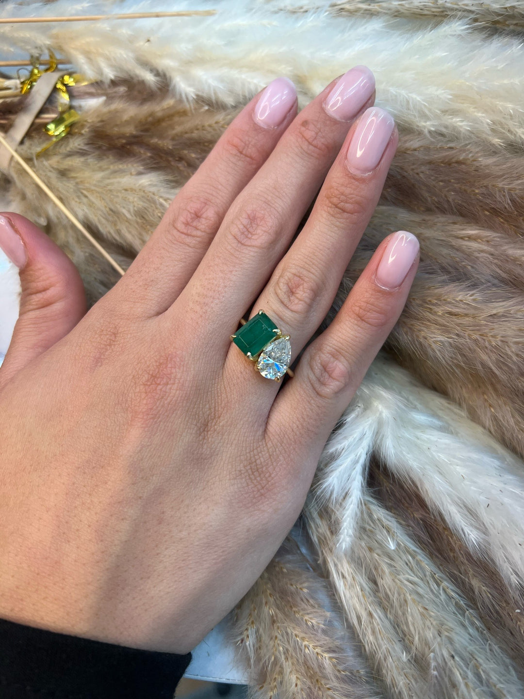 Toi et Moi Green Emerald &amp; Pear Shape Engagement Ring