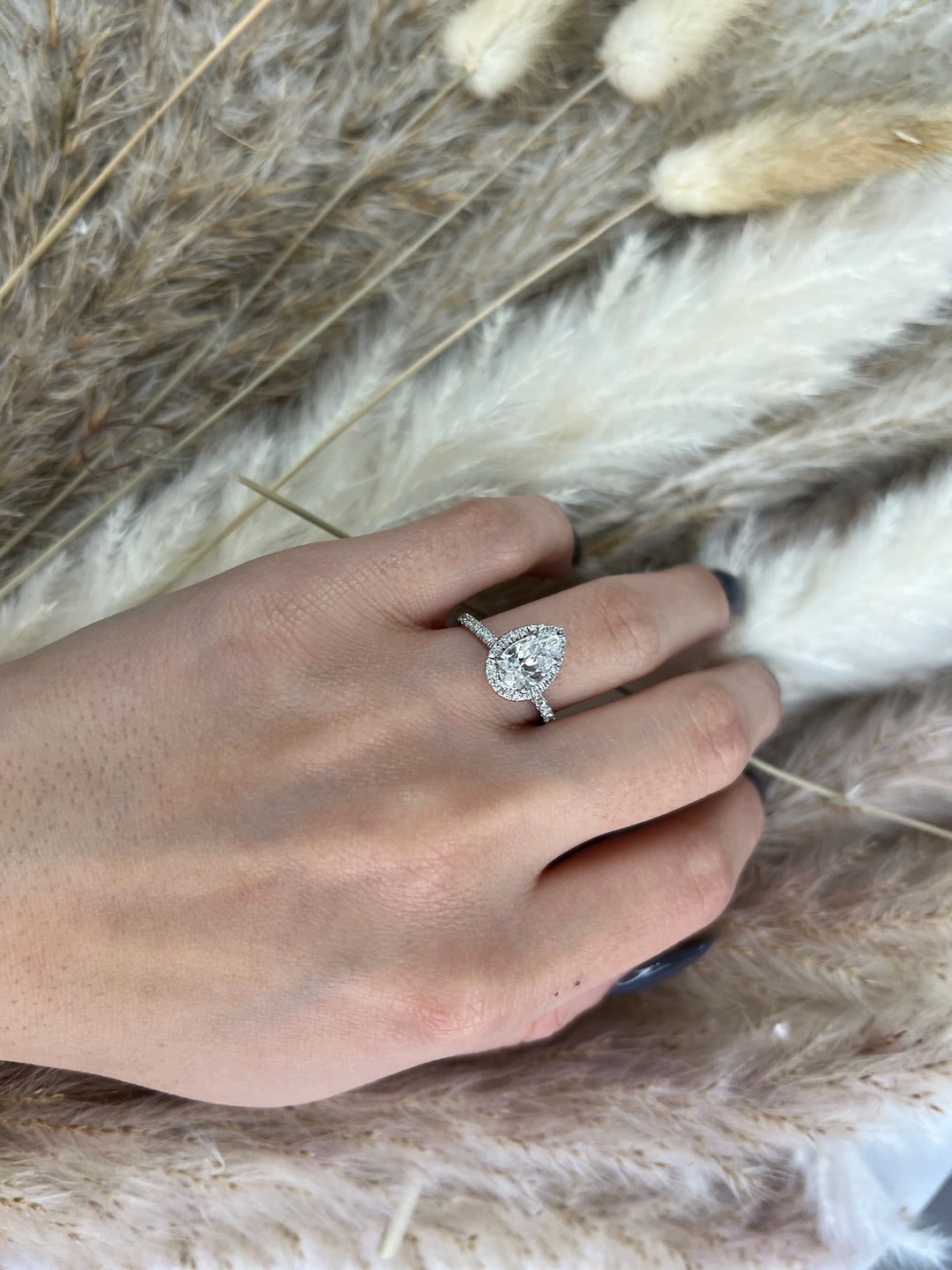 Pear Shape Dainty Engagement Ring With Halo &amp; Sidestones