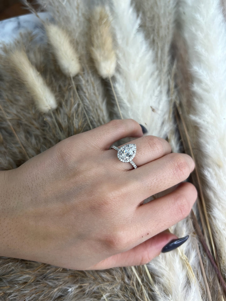Pear Shape Dainty Engagement Ring With Halo &amp; Sidestones