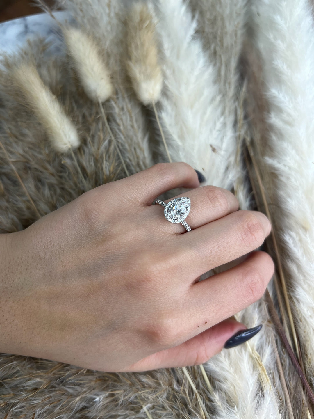 Pear Shape Dainty Engagement Ring With Halo &amp; Sidestones