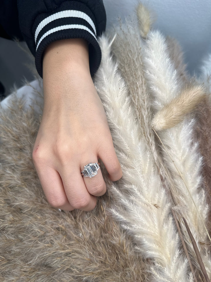 Three Stone Ring Trapezoid &amp; Emerald Cut Engagement Ring