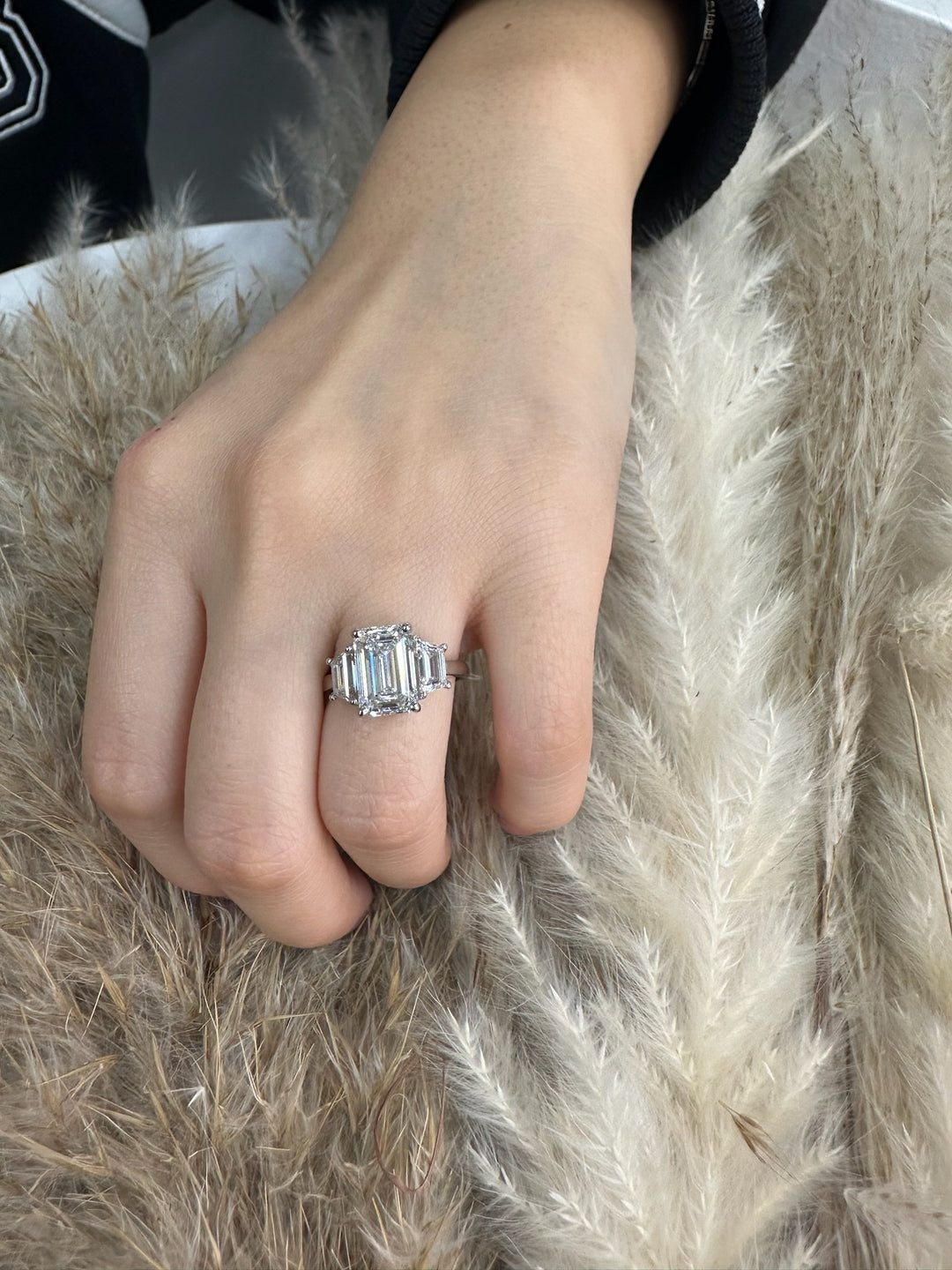 Three Stone Ring Trapezoid &amp; Emerald Cut Engagement Ring