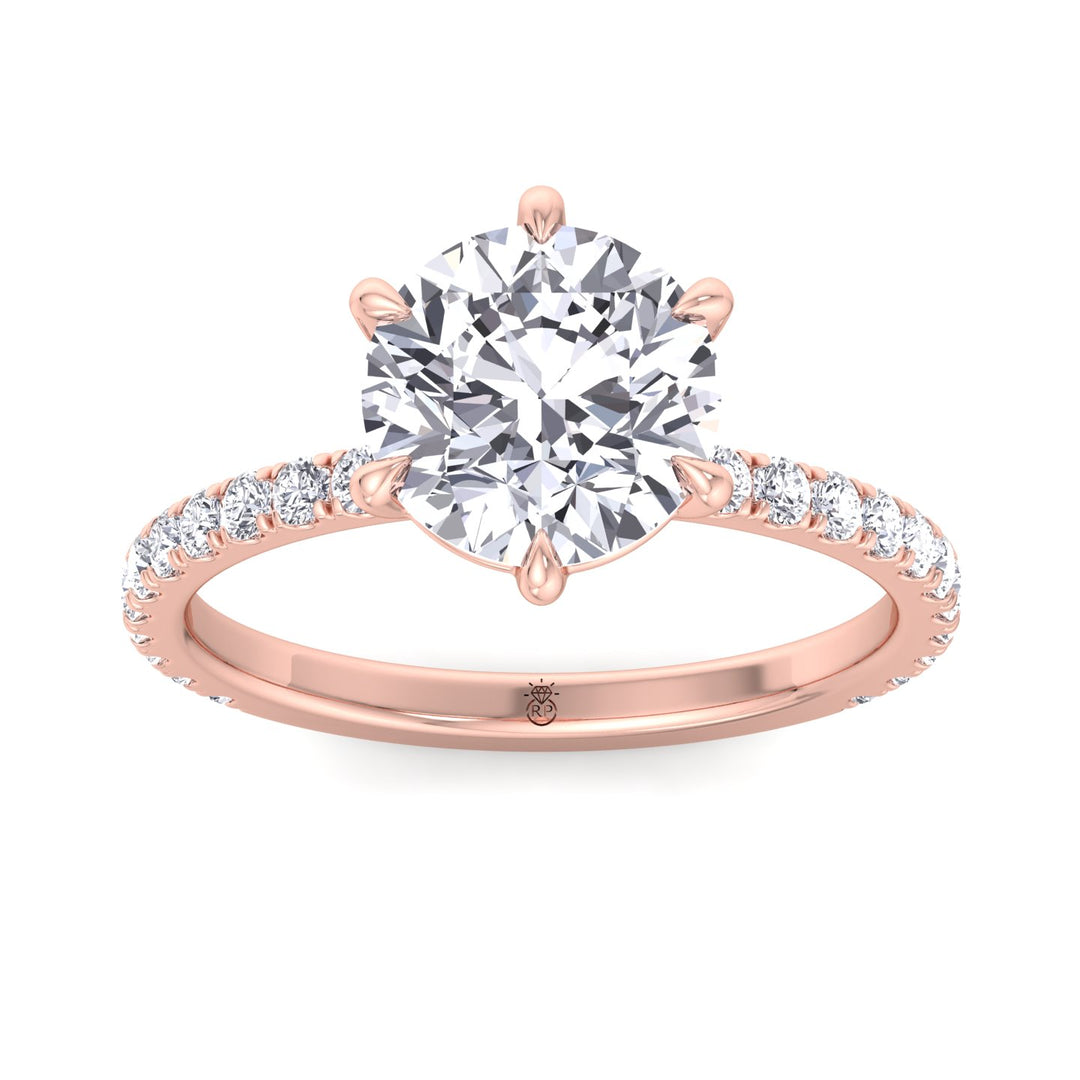 Round Cut Six Prong Engagement Ring With Pave Band