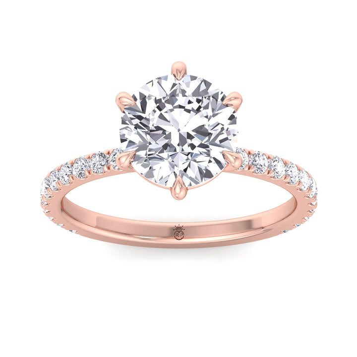 Round Cut Six Prong Engagement Ring With Pave Band
