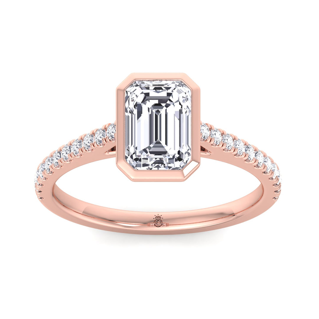 Emerald Shape Bezel Set Engagement Ring with Cathedral Style Pave Band