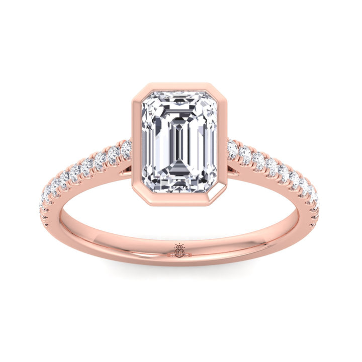 Emerald Shape Bezel Set Engagement Ring with Cathedral Style Pave Band