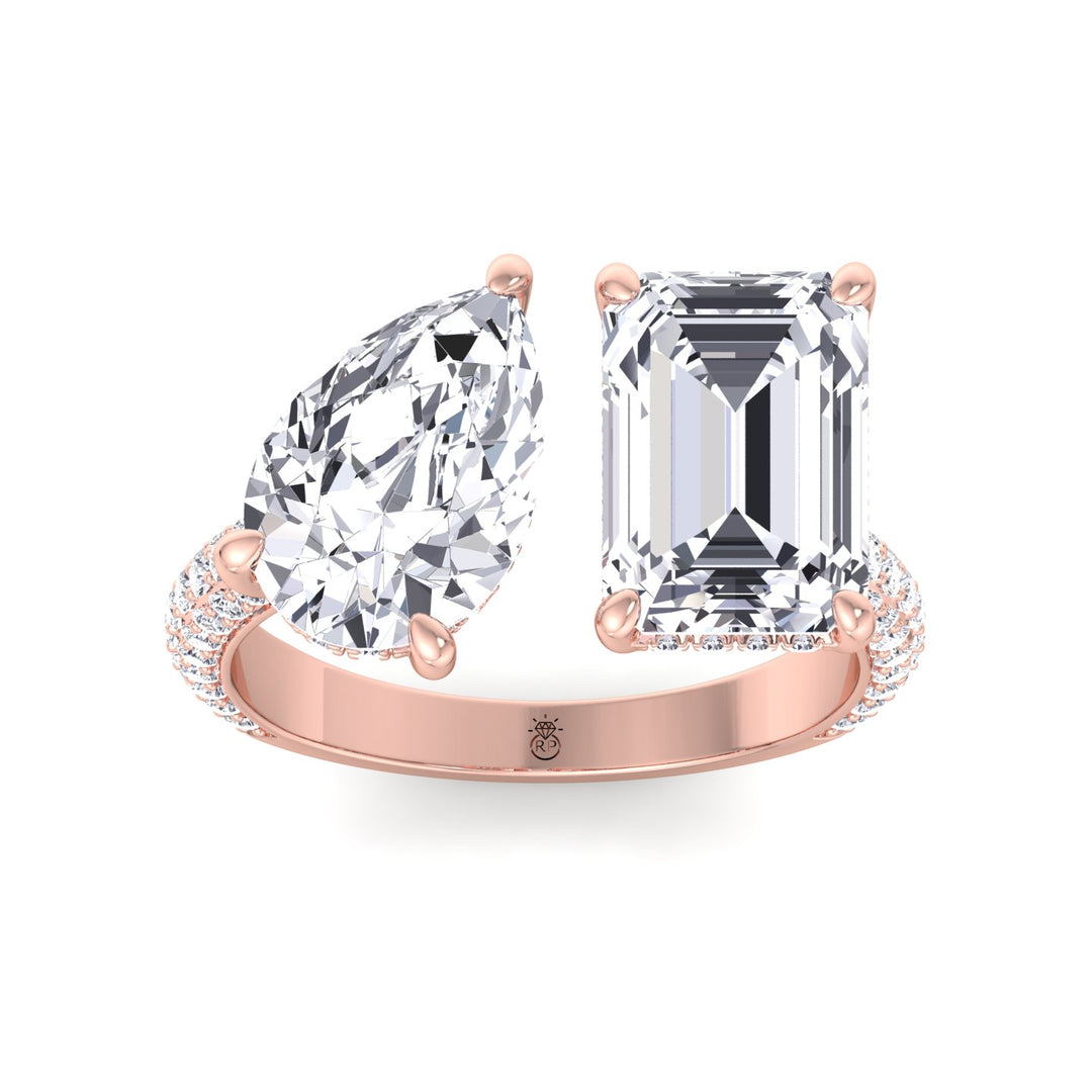 Toi Et Moi Pear &amp; Emerald Shape Hidden Halo Engagement Ring with Side Stones