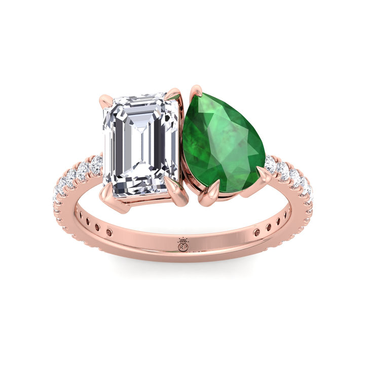 Toi Et Moi Emerald &amp; Green Pear Shape Engagement Ring With Pave Band