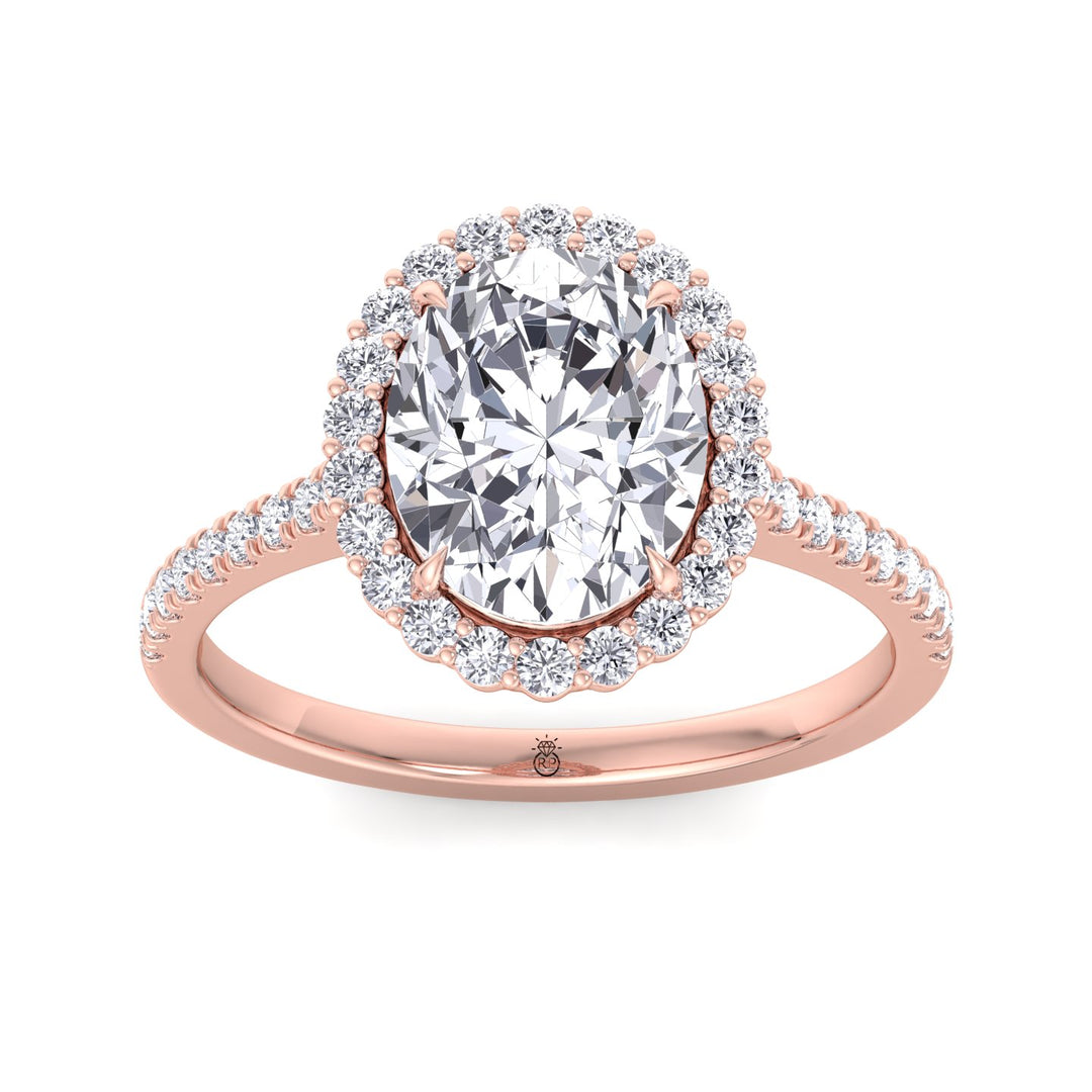 Oval Shape Scalloped Halo Engagement Ring With Pave Band