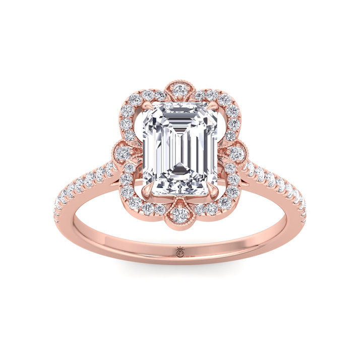 Vintage Style Emerald Cut Engagement Ring with Round Cut Sidestones