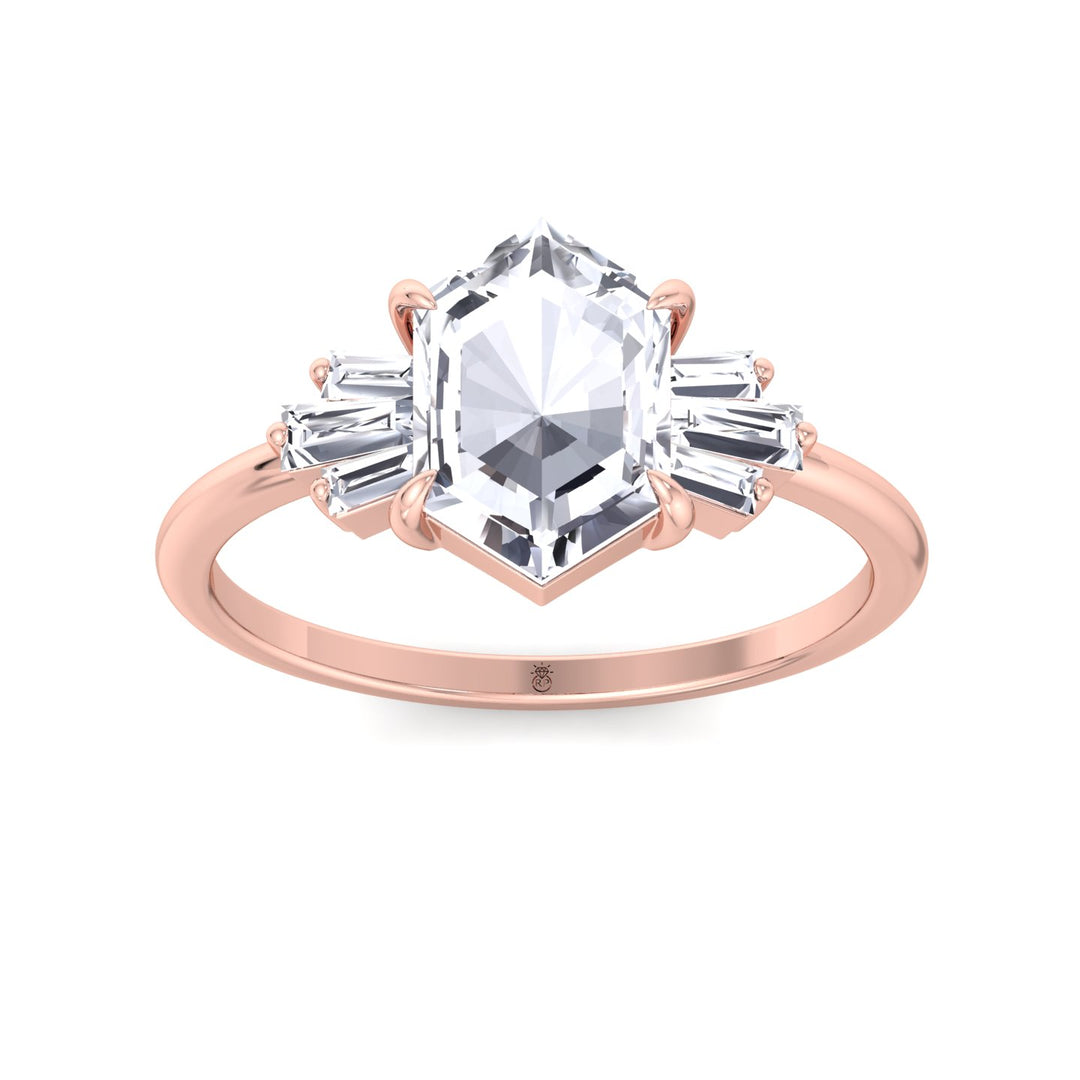 Rose Cut Hexagon Shape Engagement Ring With Tapered Baguettes