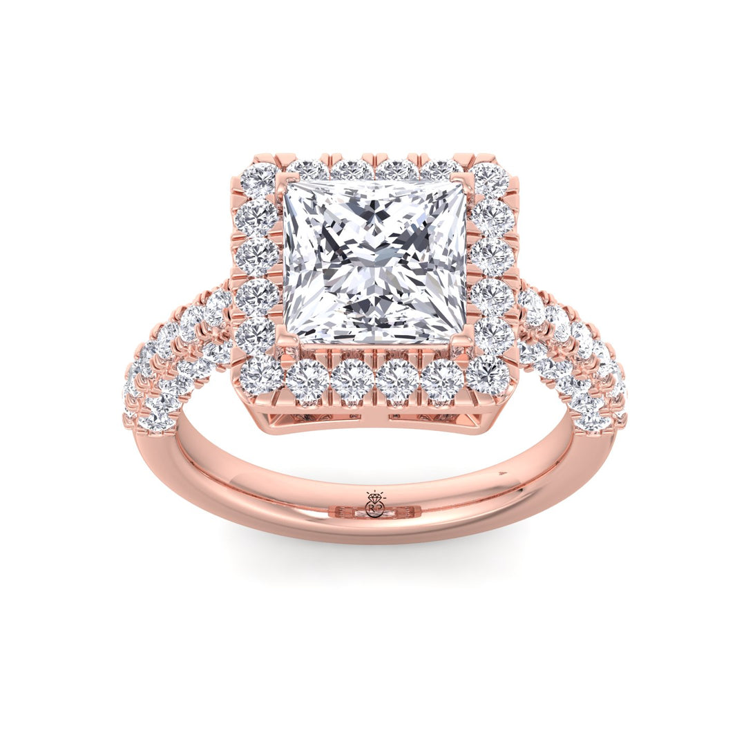 Princess Shape Halo Engagement Ring with Pave Band
