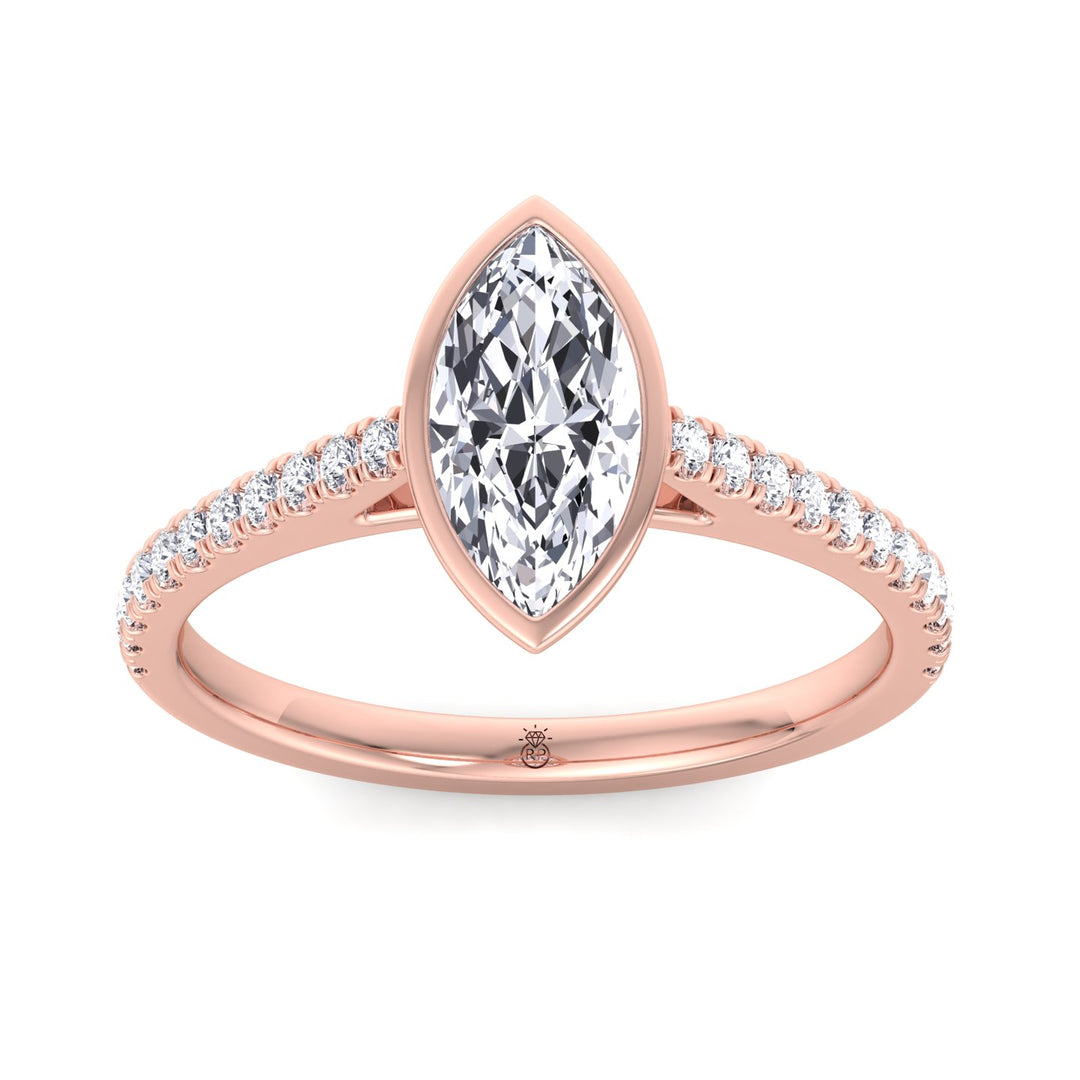 Bezel Set Marquise Shape Engagement Ring With Cathedral Style Pave Band