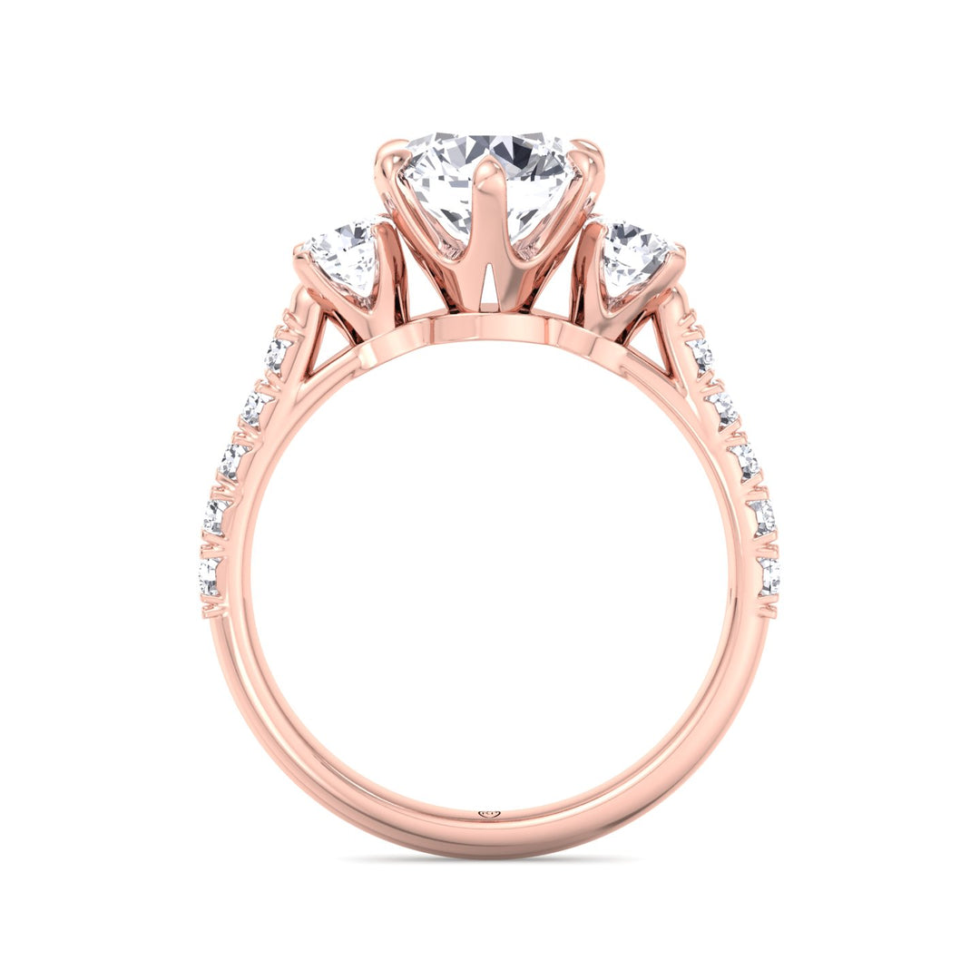 Three Stone Round Cut Fancy Crown Style Engagement Ring